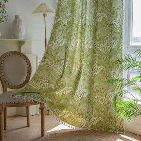 Green Boho Curtains for Bedroom 63 Inch Length 2 Panels Vintage Leaves Tropical Drapes Boho Tassel Botanical Crochet Window Curtain Panels for Bedroom Living Room 52" W x 63" L