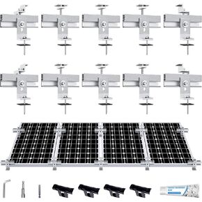 Solar Panel Mounting Bracket Kit, 10Pcs Solar Panel Mount for 1-4pcs Thickness 1.4" Solar Panels, with 10x 6" Mini Rails 4X Water Drain Clips for Shingle,Slate,Metal and Tin roof
