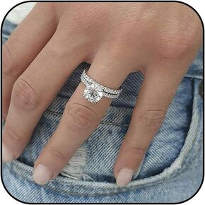 Fake Engagement Rings for Women Wedding Rings Set for Brides Silver CZ Engagement Rings Non Tarnish for Travel Hidden Halo Cubic Zirconia Engagement Rings