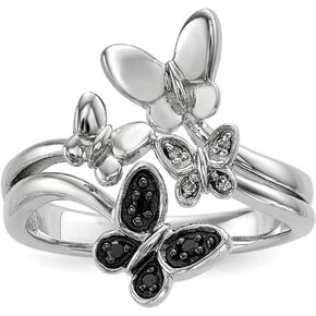 Solid 925 Sterling Silver White & Black Diamond Butterfly Ring (3mm) (1/20ct.)