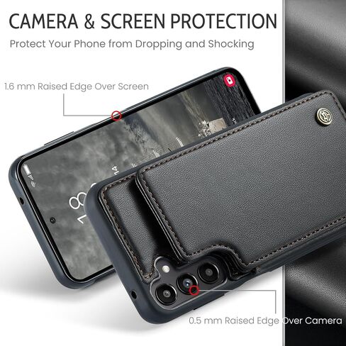 حافظة محفظة خلفية نحيفة لهاتف Samsung-Galaxy-A35 5G مع حامل بطاقات قلاب/مسند RFID، مقاوم للصدمات + غطاء خلفي واقٍ هجين من جلد البولي يوريثان مع إغلاق مغناطيسي (أسود) in Kuwait