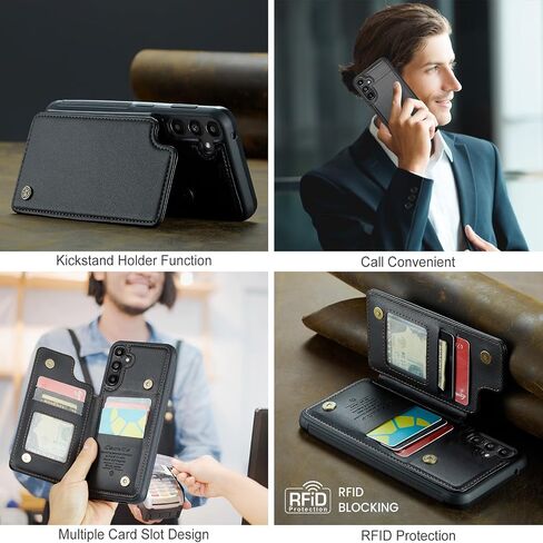 حافظة محفظة خلفية نحيفة لهاتف Samsung-Galaxy-A35 5G مع حامل بطاقات قلاب/مسند RFID، مقاوم للصدمات + غطاء خلفي واقٍ هجين من جلد البولي يوريثان مع إغلاق مغناطيسي (أسود) in Kuwait