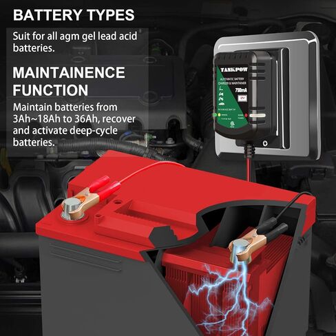 750mA Battery Charger,12V Car Battery Charger,Float Charger,Trickle Charger and Battery Maintainer for Automotive,Car,Motorcycle,Lawn Mower,SLA AGM Gel Lead-Acid Batteries in Kuwait