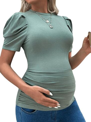 OYOANGLE Women's Maternity Puff Short Sleeve Round Neck T Shirt Solid Ruched Ribbed Knit Slim Fit Tee Tops in Saudi Arabia