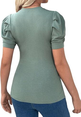 OYOANGLE Women's Maternity Puff Short Sleeve Round Neck T Shirt Solid Ruched Ribbed Knit Slim Fit Tee Tops in Saudi Arabia