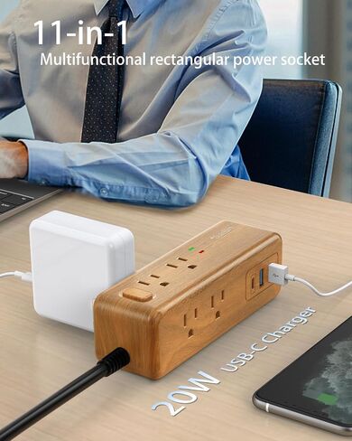 قطاع الطاقة عرام حامي 8 منافذ مع 2 منافذ USB-A + 1USB-C محطة شحن سلك تمديد طويل الزاوية اليمنى المقابس المسطحة قواطع دوائر للمنزل والمكتب وغرفة النوم (خشب فاتح USB-C) in Kuwait