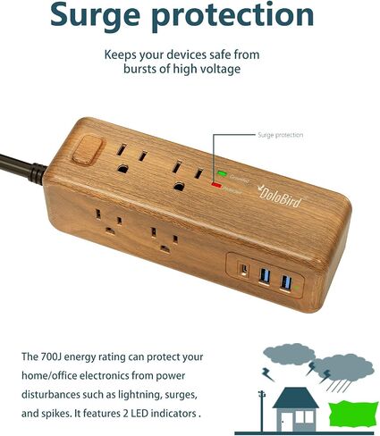 قطاع الطاقة عرام حامي 8 منافذ مع 2 منافذ USB-A + 1USB-C محطة شحن سلك تمديد طويل الزاوية اليمنى المقابس المسطحة قواطع دوائر للمنزل والمكتب وغرفة النوم (خشب فاتح USB-C) in Kuwait