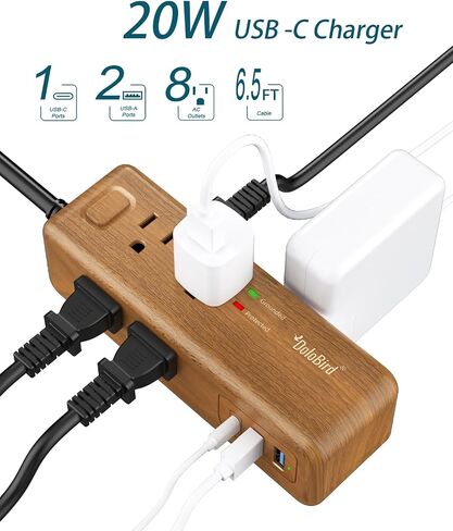 قطاع الطاقة عرام حامي 8 منافذ مع 2 منافذ USB-A + 1USB-C محطة شحن سلك تمديد طويل الزاوية اليمنى المقابس المسطحة قواطع دوائر للمنزل والمكتب وغرفة النوم (خشب فاتح USB-C) in Kuwait