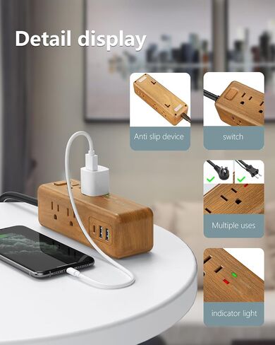 قطاع الطاقة عرام حامي 8 منافذ مع 2 منافذ USB-A + 1USB-C محطة شحن سلك تمديد طويل الزاوية اليمنى المقابس المسطحة قواطع دوائر للمنزل والمكتب وغرفة النوم (خشب فاتح USB-C) in Kuwait