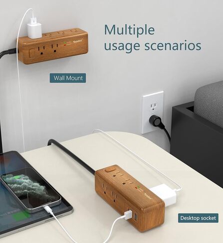 قطاع الطاقة عرام حامي 8 منافذ مع 2 منافذ USB-A + 1USB-C محطة شحن سلك تمديد طويل الزاوية اليمنى المقابس المسطحة قواطع دوائر للمنزل والمكتب وغرفة النوم (خشب فاتح USB-C) in Kuwait