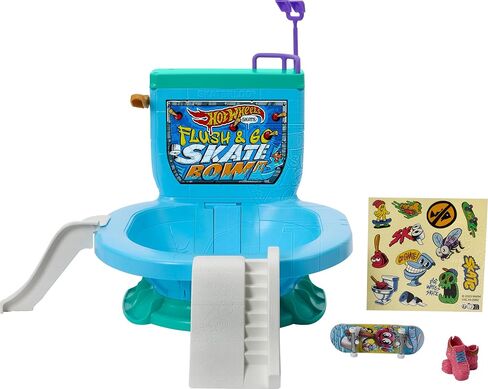 مجموعة تزلج على شكل لوح أصابع للمرحاض من Hot Wheels، حديقة تزلج Flush & Go مع لوحة واحدة حصرية، زوج واحد من أحذية التزلج القابلة للإزالة وورقة لاصقة in Kuwait
