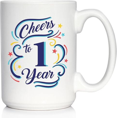 Cheers to 1 Year - هدايا كوب القهوة للنساء والرجال - ديكور حفلة الذكرى السنوية الأولى - كوب سيراميك أبيض كبير بوزن 15 أونصة in Saudi Arabia