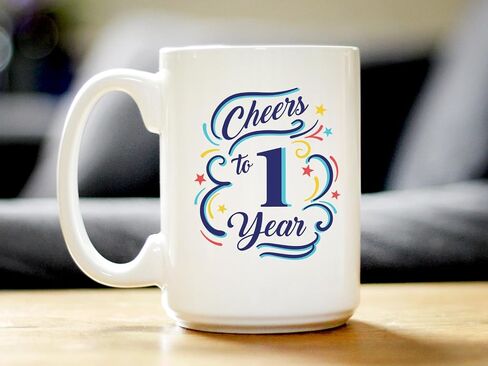 Cheers to 1 Year - هدايا كوب القهوة للنساء والرجال - ديكور حفلة الذكرى السنوية الأولى - كوب سيراميك أبيض كبير بوزن 15 أونصة in Saudi Arabia