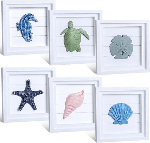 Set of 6 Coastal Beach Wall Decor 6.3" x 6.3" 3D Seashell Beach Wall Art Decor Shells and Starfish Decorations for Bathroom Bedroom Living Room Rustic Ocean Theme Beach House Seahorse Turtle Decor in Saudi Arabia