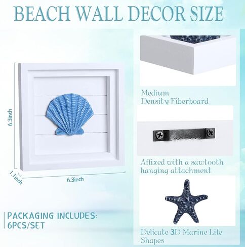 Set of 6 Coastal Beach Wall Decor 6.3" x 6.3" 3D Seashell Beach Wall Art Decor Shells and Starfish Decorations for Bathroom Bedroom Living Room Rustic Ocean Theme Beach House Seahorse Turtle Decor in Saudi Arabia