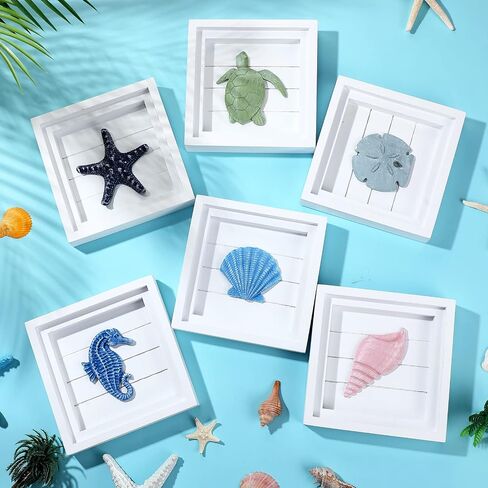 Set of 6 Coastal Beach Wall Decor 6.3" x 6.3" 3D Seashell Beach Wall Art Decor Shells and Starfish Decorations for Bathroom Bedroom Living Room Rustic Ocean Theme Beach House Seahorse Turtle Decor in Saudi Arabia