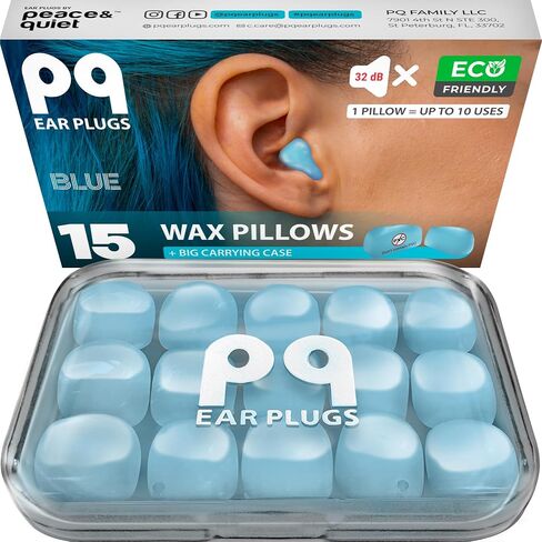 PQ Wax Ear Plugs for Sleeping, Swimming - 15 Soft Noise Cancelling Silicone Gel Wax Earplugs for Sleep and Swimmers, Ear Protection with Sound Blocking Level of 32 Db, (15-Pillows), Color: Blue in Saudi Arabia