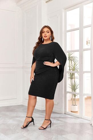 Hanna Nikole Plus Size Cape Sleeve Dress for Women Midi Chiffon Cloak Club Dress in Saudi Arabia