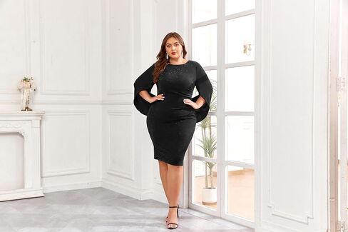 Hanna Nikole Plus Size Cape Sleeve Dress for Women Midi Chiffon Cloak Club Dress in Saudi Arabia
