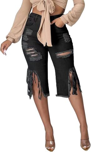 DvaeMalligo Womens Ripped Jean Shorts High Waisted Stretchy Frayed Distressed Raw Hem Tassels Denim Bermuda Shorts in Kuwait