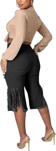 DvaeMalligo Womens Ripped Jean Shorts High Waisted Stretchy Frayed Distressed Raw Hem Tassels Denim Bermuda Shorts in Kuwait