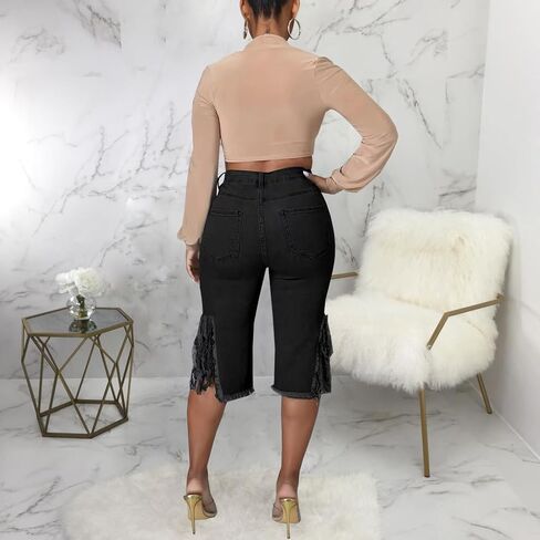 DvaeMalligo Womens Ripped Jean Shorts High Waisted Stretchy Frayed Distressed Raw Hem Tassels Denim Bermuda Shorts in Kuwait