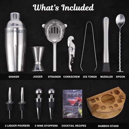 Bartender Kit with Bamboo Stand, 12 Piece 25oz Cocktail Shaker Set with All Essential Bar Tools Set for Drink Mixing, Ideal Gifts for Cocktail Lovers, Home Bar Bartending Kit with Cocktail Recipes in Saudi Arabia