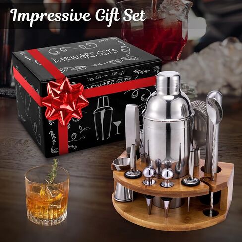 Bartender Kit with Bamboo Stand, 12 Piece 25oz Cocktail Shaker Set with All Essential Bar Tools Set for Drink Mixing, Ideal Gifts for Cocktail Lovers, Home Bar Bartending Kit with Cocktail Recipes in Saudi Arabia