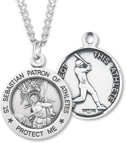 Men's Sterling Silver Round Saint Sebastian Baseball Medal + 24 Inch Endless Rhodium Plated Chain in Saudi Arabia
