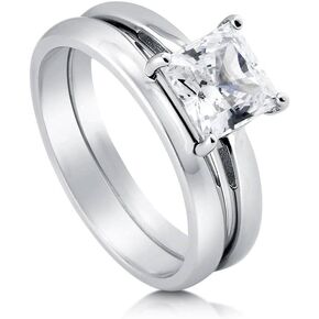 BERRICLE Sterling Silver Solitaire Wedding Engagement Rings 1.6 Carat Princess Cut Cubic Zirconia CZ Ring Set for Women, Rhodium Plated Size 4-10