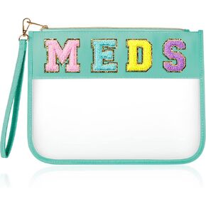 Chenille Letter Bag Nylon Makeup Bag Portable Bag Makeup Cases Preppy Patch Makeup Bag with Zipper Cosmetic Toiletry Storage Bag for Women Girls (Green,Trendy MEDS)
