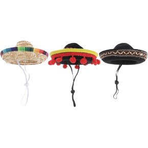POPETPOP 3PCS Small Dog Sombrero Hat - Cute Straw Sombreros, Mini Mexican Hats for Halloween, Summer Party Small Pets/Puppy/Cat Apparel Decorations