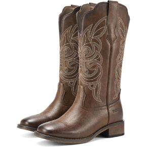 Rollda Cowgirl Boots Cowboy Boots for Women Square Toe Mid Calf Western Boots Ladies Fashion Boots with Chunky Heel
