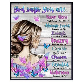 Inspirational Sayings Religious Art - Boho Farmhouse Decor - Christian Gifts for Women - Bible Verses spiritual Room Decor - God Quotes Wall Decor- Purple Blue Rustic Country God Says You Are Wall Art