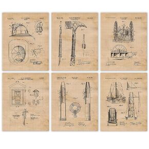 Vintage Fireman Tools Patent Prints, 6 (8x10) Unframed Photos, Wall Art Decor Gifts Under 25 for Home Office Garage Man Cave Fire Station Coach School College Student Teacher First Responders Hero Fan