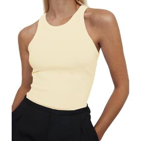 Artfish Women's Sleeveless Full Length Cotton Ribbed Fitted Racerback Crew High Neck Basic Tank Top