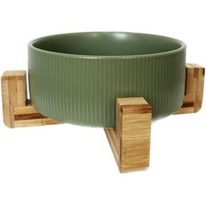 Striped Ceramic Single Bowl with Bamboo Stand for Pets Dogs/Cats Food & Water Feeder 700 ml, Green in Saudi Arabia
