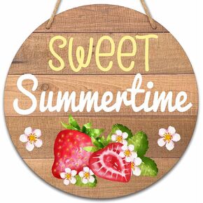 Summer Welcome Sign for Front Door, Sweet Summertime Wooden Signs Wall Decor, Strawberries Round Hanging Sign With Rope, Summer Decor For Home Front Door Porch, A28