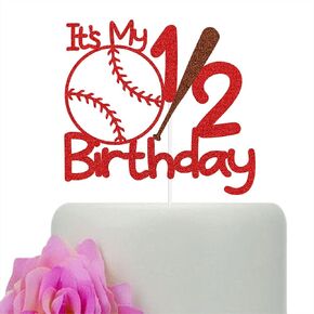 Baseball It's My 1/2 Birthday Cake Topper, Half Way to One Cake Decor, Baseball Theme Baby Boys/Girls 6 Months Birthday Party Decorations Red and Brown Glitter