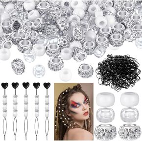 WILLBOND 1355 Pcs Hair Beads Kit for Kids Girls Hair Braids Includes 100 Large Hole Rhinestone European Beads 800 Clear Pony Beads 450 Elastic Hair Bands 5 Quick Beader for Kids Hair Braids