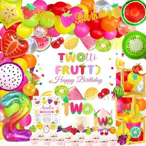 Twotti Fruity Birthday Decorations, Fruit Themed 2nd Tutti Frutti Party Decorations Backdrop Balloon Garland Glitter Banner Cake Cupcake Topper Box Cutout Crown Poster Summer Luau 155 PCs
