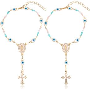 WEBEEDY 2pcs Car Beads Evil Eye Rear View Mirror Hanging Ornament Charms Cross Crucifix Medal Amulet Home Wall Decor for Car Truck Auto Interior Window Door Easter