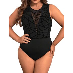 OYOANGLE Women's Plus Size Sheer Mesh Round Neck Tank Tops Sleeveless Sparkle Bodysuit