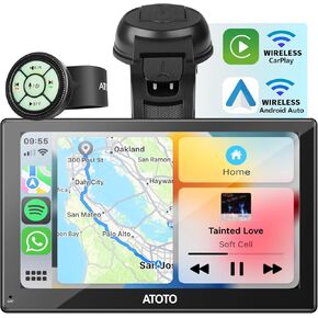 ATOTO 7 inch QLED Portable Car Stereo, Wireless CarPlay&Android Auto, Glare-Suppressing Touchscreen Car Radio Bluetooth, Auto-Dimmer, GPS Navi, MirrorLink, AUX/FM/MIC, Remote Control, P507SD-S01