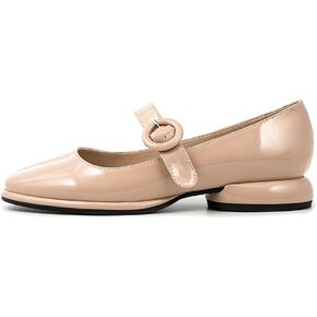 Landjiablue Women Mary Jane Shoes Nude Patent Ballet Dress Buckle Flats Chunky Heels Pumps