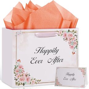 Wedding Gift Bag Pink Engagement Wrapping Bag with Greeting Card and Tissue Paper Flower Bridal Shower Wrap Paper Bag for Wedding Bride Gifts Anniversary Birthday Retirement Party Decorations Supplies
