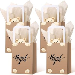 Eersida 16 Pcs Teddy Bear Thank You Gift Bags with Tissue Handles Baby Shower Bear Birthday Decorations Thank You Paper Bags Brown Candy Treat Supplies for Guests Wedding Prizes School Party Supplies
