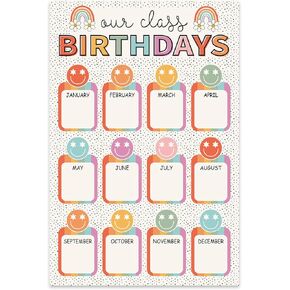 Whaline Happy Birthday Chart Poster Boho Smile Face Rainbow Birthday Chart Calendars Colorful Birthday Poster Decoration for Bulletin Board Chalkboard Wall Decor, 11 x 16.5 Inch