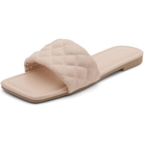 Shoe Land Womens Anisha Square Open Toe Slides Quilted Single Band Slip on Flat Sandals