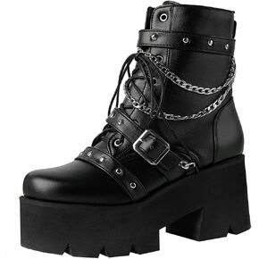 LUXMAX Women Buckle Goth Chunky Platform Ankle Boots Lace Up High Heel Motorcycle Boots with Chain